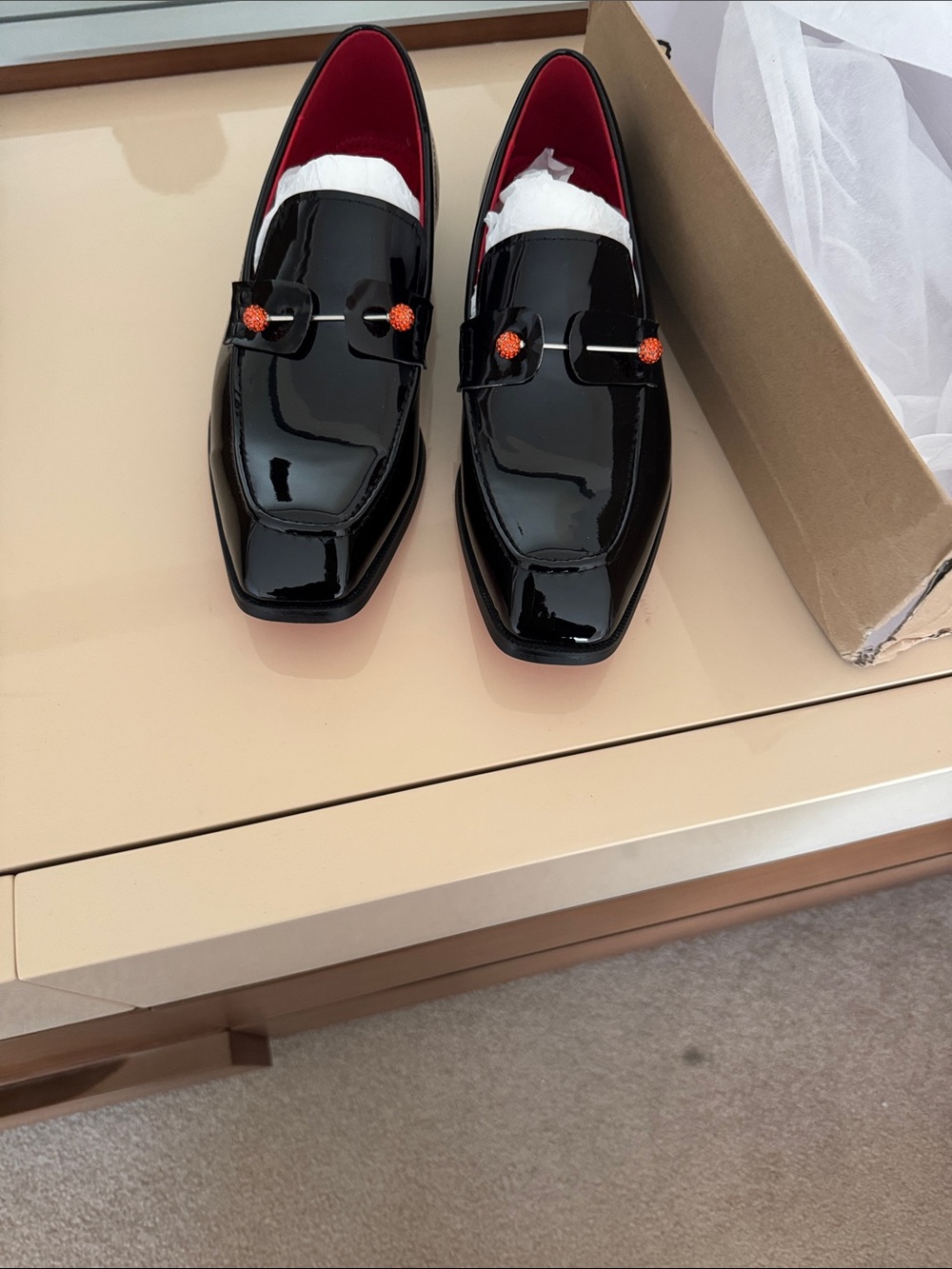 Christian Louboutin Black Patent Leather Loafer with Orange Bead Accents - Picture 2 of 5